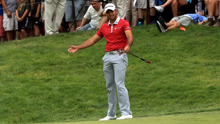 AKRON, OH - JULY 03:  Jason Day of Australia reacts after a shot on the 17th hole during the final round of the World Golf Championships - Bridgestone Invi