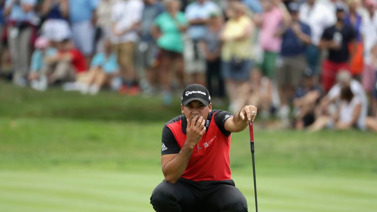 Jason Day of Australia lines up his putt on the third green during the second round of the 2016 PGA Championship at Baltusrol