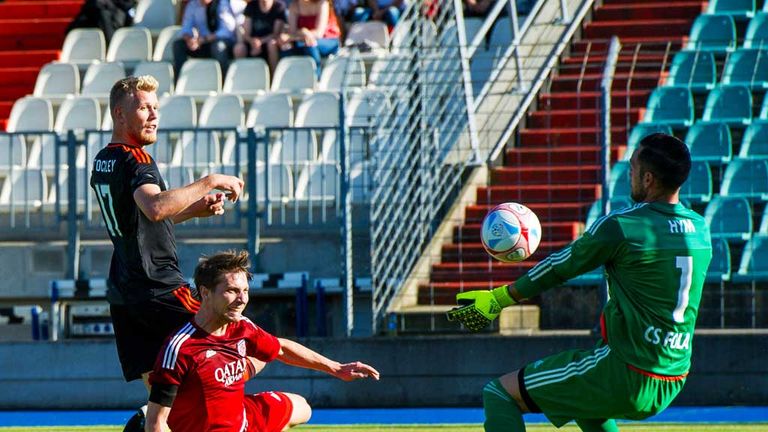 Aberdeen's Jayden Stockley goes close for the Dons but the keeper saves