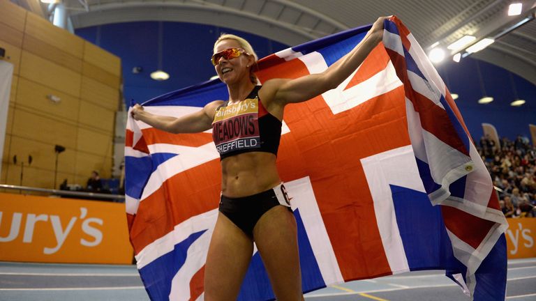 SHEFFIELD, ENGLAND - FEBRUARY 15:  Jenny Meadows celebrates winning the womens 800 metres during the Sainsbury's British Athletics Indoor Championships at 