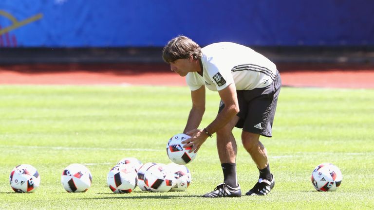 Germany coach Joachim Low oversees a training session in Evian