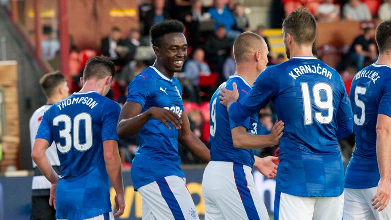 Dodoo celebrates his first goal for Rangers after completing his move from Leicester this week