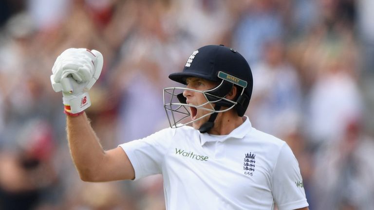 Joe Root roars in celebration upon reaching his second double ton