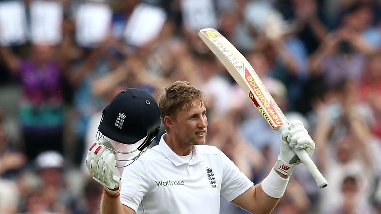 Joe Root of England celebrates his double century during day two of the 2nd Investec Test between England and Pakistan at Old Trafford