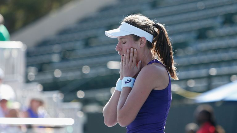 Johanna Konta of Great Britain reacts after winning the final against Venus Williams of the United States during day seven of the Bank of the West Classic