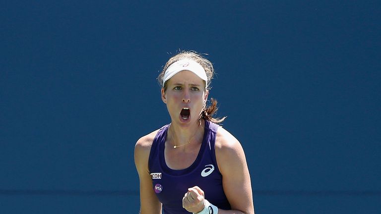STANFORD, CA - JULY 20: Johanna Konta of Great Britain celebrates a win against Julia Boserup of the United States during day three of the Bank of the West
