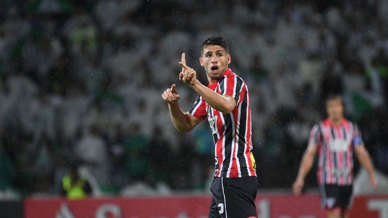 Jonathan Calleri of Brazil's Sao Paulo celebrates after scoring against Colombia's Atletico Nacional, during their 2016 Copa Libertadores semifinal footbal