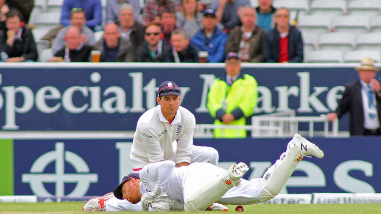 Alastair Cook looks at Jonny Bairstow of England after a dropped catch during day three of the Investec Test match between England & SL