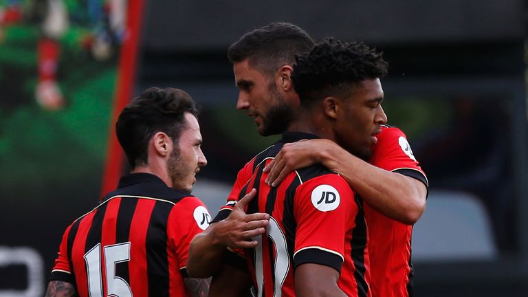 BOURNEMOUTH, ENGLAND - JULY 30: Jordan Ibe of Bournemouth is congratulated by team mates after scoring during a pre-season match between Bournemouth and Ca