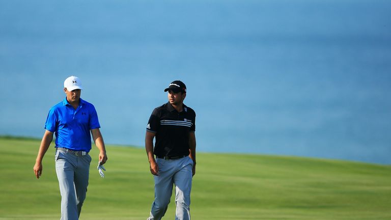 SHEBOYGAN, WI - AUGUST 16:  Jordan Spieth of the United States (L) and Jason Day of Australia walk up the 16th fairway during the final round of the 2015 P