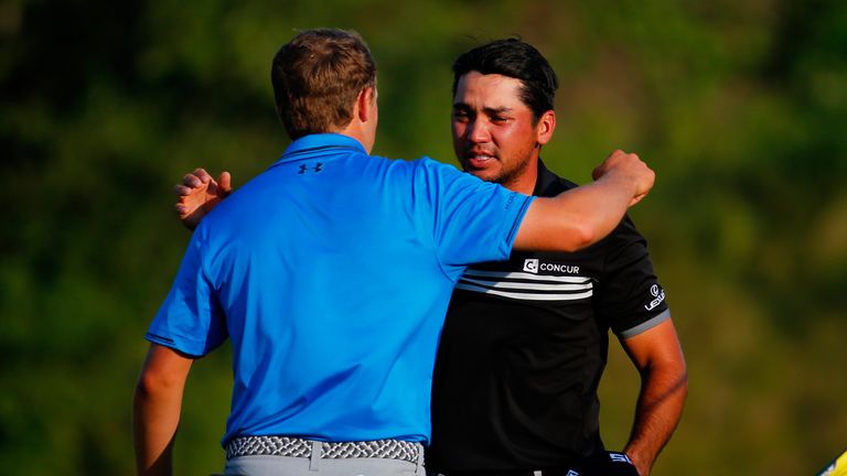 SHEBOYGAN, WI - AUGUST 16:  Jordan Spieth of the United States greets Jason Day of Australia after Day's three-stroke victory at the 2015 PGA Championship 