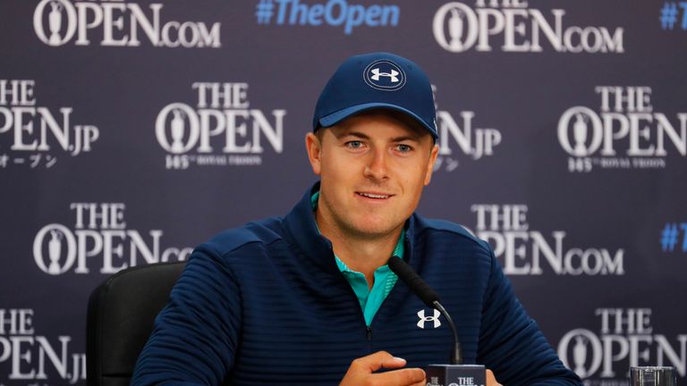 Jordan Spieth speaks during a news conference ahead of the 145th Open Championship at Royal Troon