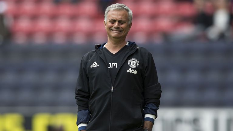 Manchester United's Portuguese manager Jose Mourinho reacts