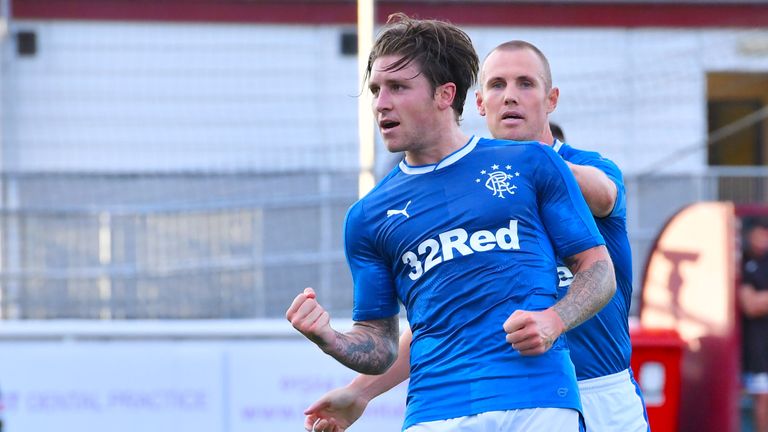 Josh Windass celebrates his first competitive goal for Rangers since his summer move from Accrington