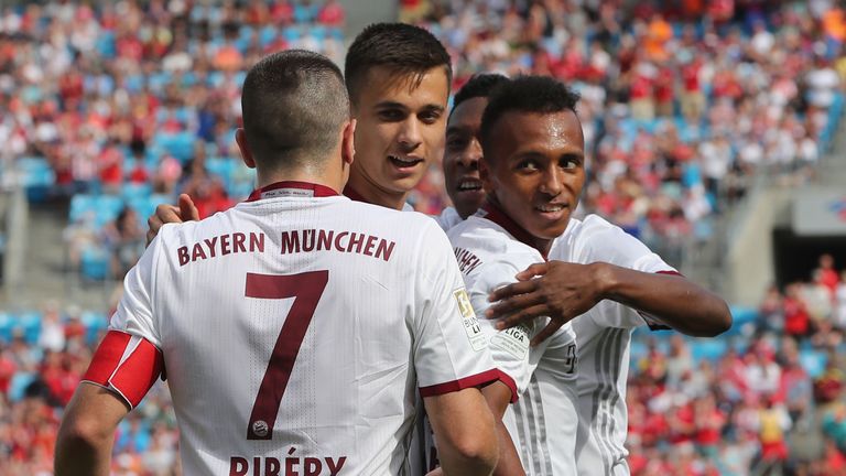 Franck Ribery, Milos Pantovic, David Alaba and Julian Green (L-R) celebrate Green's first goal v Inter Milan, International Champions Cup, Charlotte