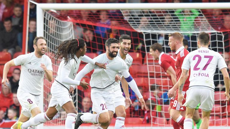 Fola Esch celebrate after Julien Klein (28) levelled at Aberdeen
