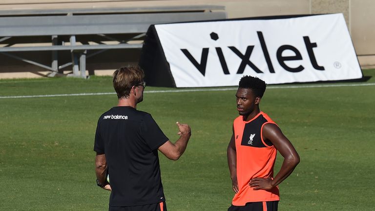 Jurgen Klopp, Daniel Sturridge of Liverpool during a training session at Stanford University on July 24, 2016 in Palo Alto, California