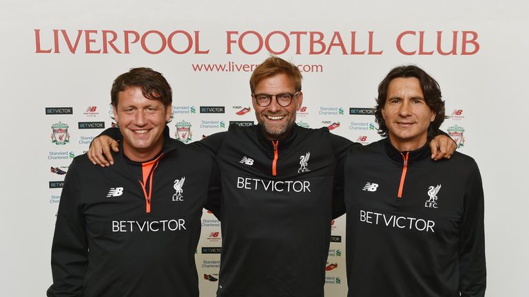 Jurgen Klopp manager of Liverpool, Zeljko Buvac First assistant coach and Peter Krawietz Second assistant coach during a training session at Melwood