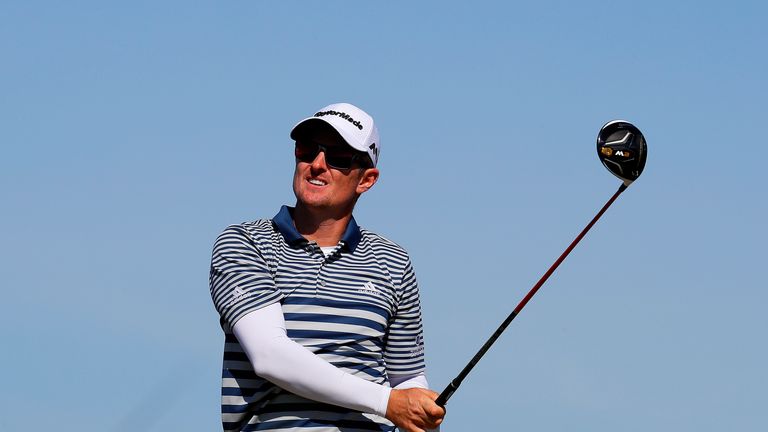 Justin Rose of England tees off on the 6th hole during the first round on day one of the 145th Open Championship at Royal Troon