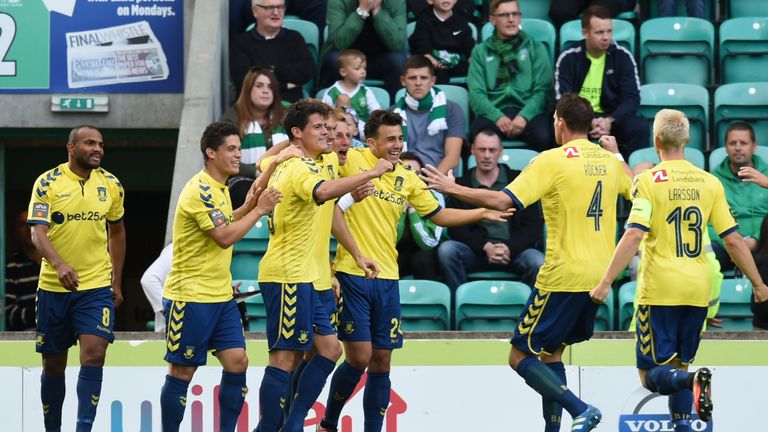 Kamil Wilczek celebrates his first-minute goal for Brondby at Hibs