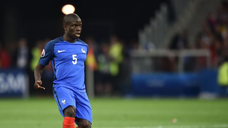 France's midfielder N'Golo Kante plays the ball during the Euro 2016 group A football match between France and Albania at the Velodrome stadium in Marseill