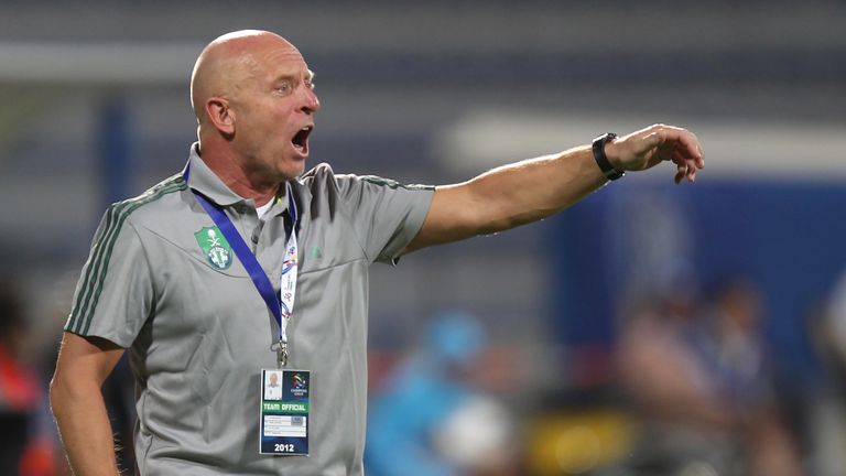 Czech coach Karel Jarolim of Saudi Arabia's al-Ahli club gestures to is players during their AFC Champions League football match against UAE's al-Nasr club