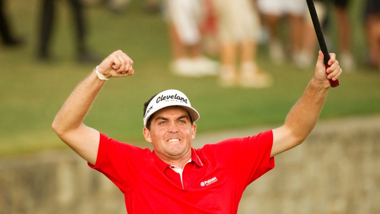 Keegan Bradley of the US celebrates his play-off victory over Jason Dufner of the US in the final round of the 2011 PGA Championship Tournament at Atlanta 