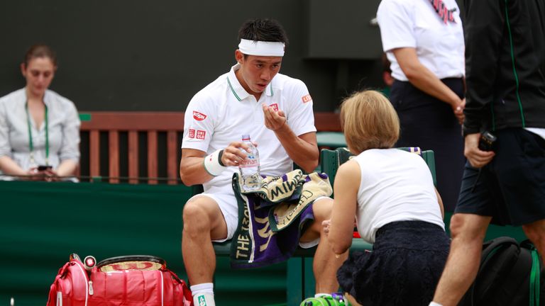 LONDON, ENGLAND - JULY 04:  Kei Nishikori of Japan looks dejected during the Men's Singles fourth round match against Marin Cilic of Croatia on day seven o