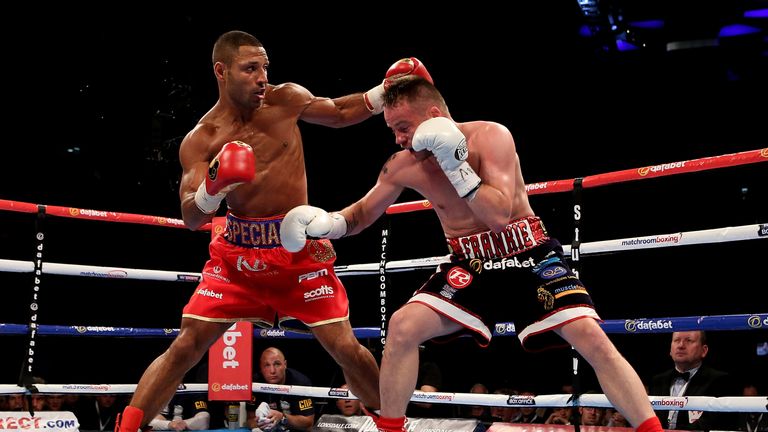 LONDON, ENGLAND - MAY 30: Kell Brook of England and Frankie Gavin of England exchange blows during their IBF World Welterweight Championship bout at The O2
