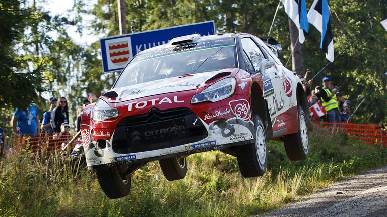 British driver Kris Meeke in his Citroen at Rally Finland