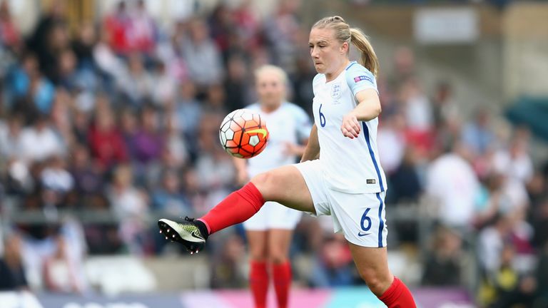 HIGH WYCOMBE, ENGLAND - JUNE 04:  Laura Bassett of England in action during the UEFA Women's European Championship Qualifying match between England and Ser