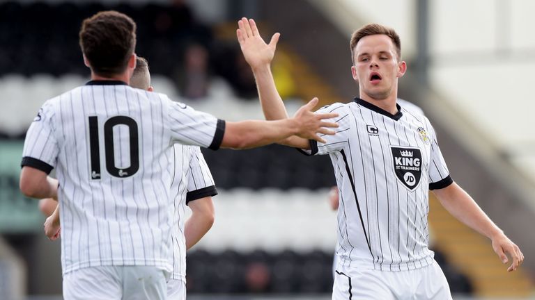 Lawrence Shankland (right) celebrates after opening the scoring for St Mirren