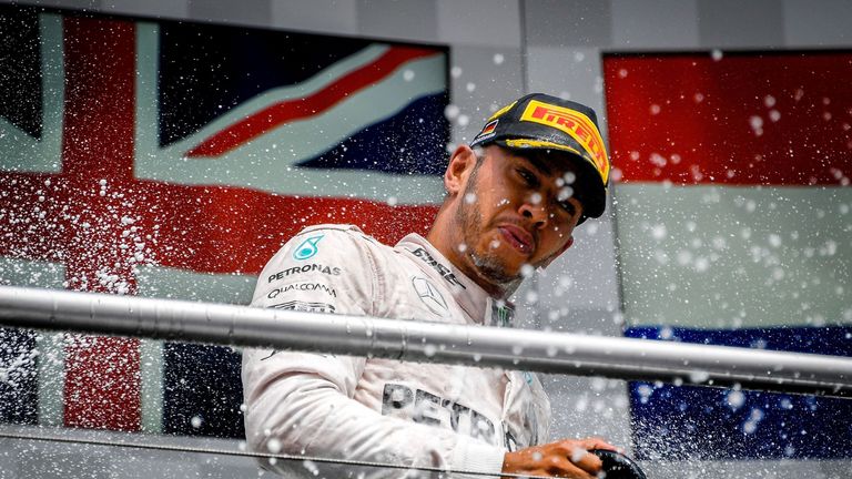 Lewis Hamilton celebrates after extending his lead in the F1 Drivers' Championship
