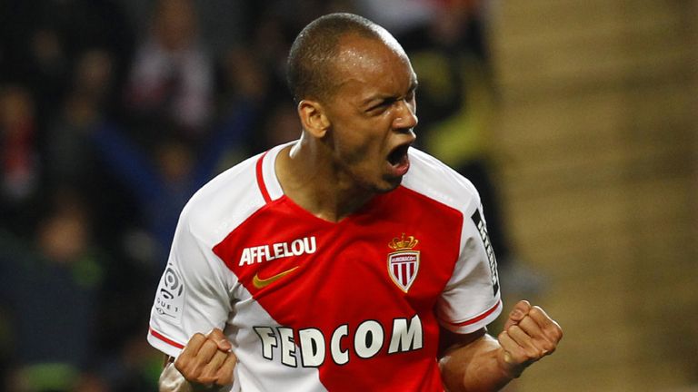 Monaco's Brazilian defender Fabinho celebrates after scoring a penalty during the French L1 football match Monaco (ASM) vs Montpellier (MHSC) on May 14, 20