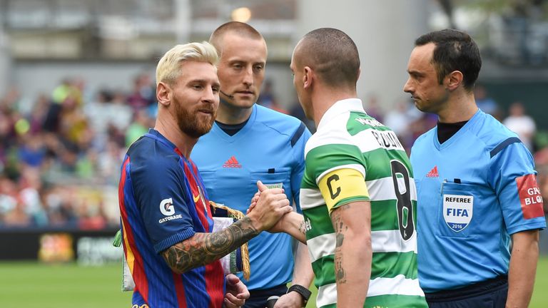 Barcelona's Lionel Messi with Celtic captain Scott Brown, International Champions Cup, friendly, Aviva Stadium, Dublin