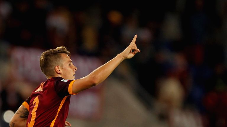 ROME, ITALY - SEPTEMBER 26: Lucas Digne of AS Roma celebrates after scoring the team's fifth goal during the Serie A match between AS Roma and Carpi FC at 