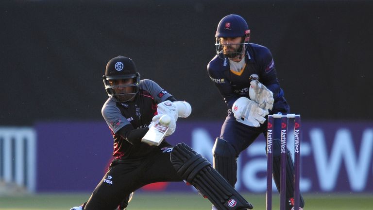 TAUNTON, UNITED KINGDOM - JUNE 03: Mahela Jayawardene of Somerset sweeps during the Natwest T20 Blast match between Somerset and Essex at The Cooper Associ