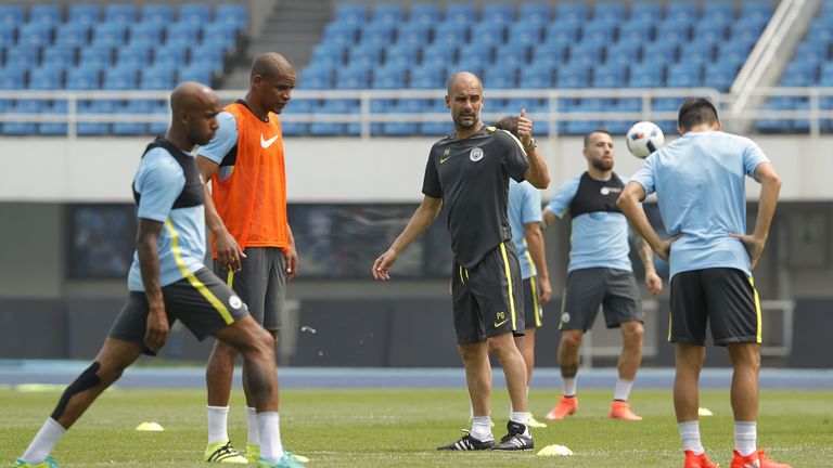 Manchester City manager Pep Guardiola gestures during the pre-game training ahead of the 2016 International Champions Cup match v United