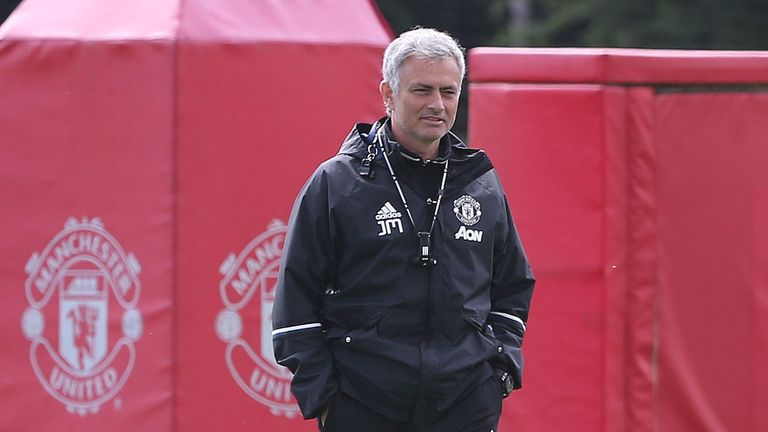 Manager Jose Mourinho of Manchester United in action during a first team training session 