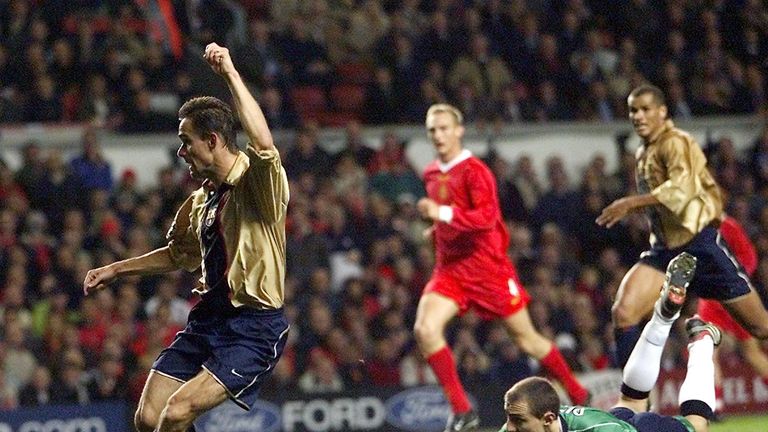 Marc Overmars scored Barcelona's third goal as they beat Liverpool 3-1