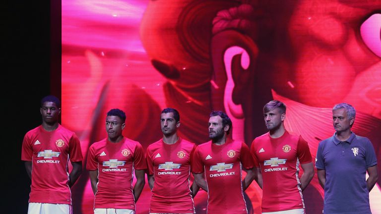 Marcus Rashford, Jesse Lingard, Henrikh Mkhitaryan, Juan Mata, Luke Shaw and Jose Mourinho of Manchester United launch the 2016/17 home kit in Shanghai