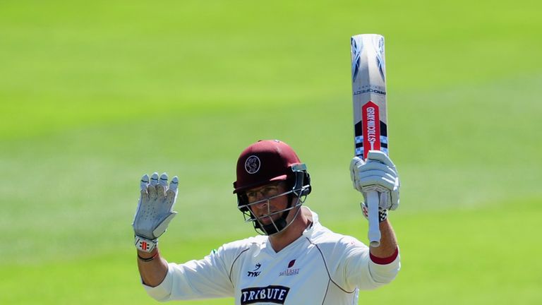 Marcus Trescothick of Somerset celebrates his century during Day Three of the Tour Match between Somerset and Pakistan