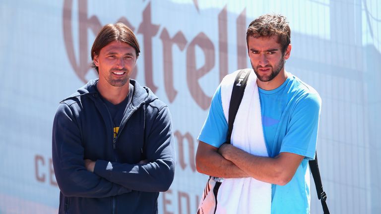 MADRID, SPAIN - MAY 03:  Marin Cilic of Croatia with coach Goran Ivanisevic during day one of the Mutua Madrid Open tennis tournament at the Caja Magica on