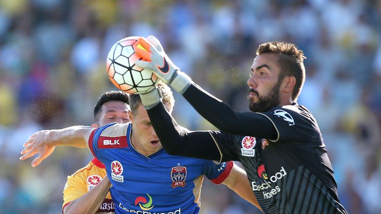 GOSFORD, AUSTRALIA - FEBRUARY 28:  Mark Birighitti of the Jets saves a shotduring the round 21 A-League match between the Central Coast Mariners and the Ne