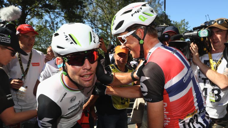 MONTELIMAR, FRANCE - JULY 16: Mark Cavendish (L) of Great Britain and Team Dimension Data is congratulated by team mate Edvald Boasson Hagen (R) of Norway 