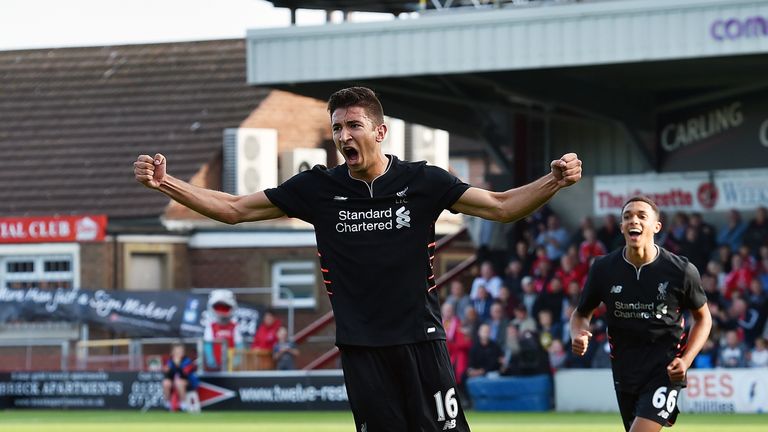Marko Grujic celebrates his goal for Liverpool at Fleetwood