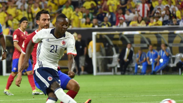 Colombia's Marlos Moreno strikes the ball to score against Costa Rica during the Copa America Centenario football tournament in Houston, Texas, United Stat