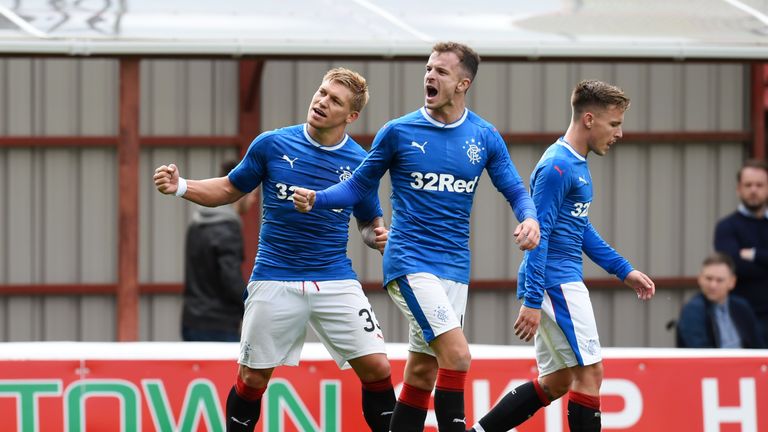 Rangers' Martyn Waghorn (left) celebrates with Andy Halliday having scored his side's second
