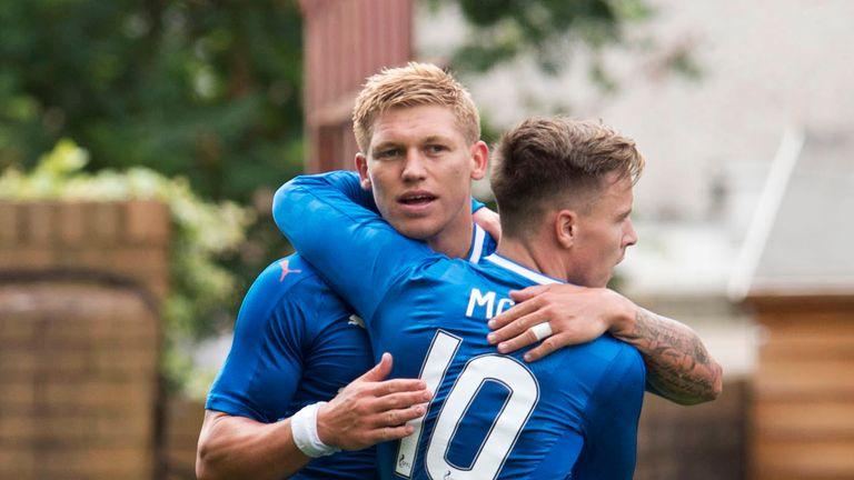Rangers' Martyn Waghorn (left) celebrates with Barrie McKay having scored his side's second against Motherwell