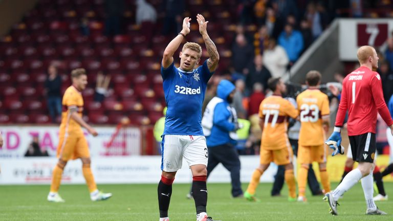 Waghorn applauds the Rangers at the full time whistle against Motherwell
